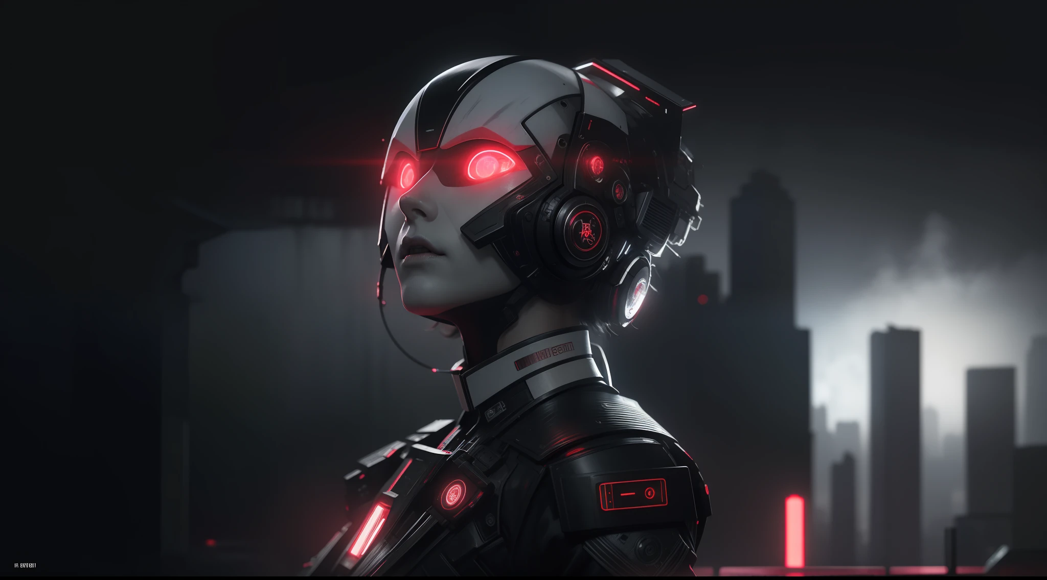 humanoid kyubi white female, red lights, metropolis, cyber punk, destroyed city, dystopian, moon, neon lights black and white, shadows, fog, fog, very high detailed, cinematic lighting, cinematic, cinematic, high detailed, ultra detailed, highlight lighting, very divine colors, realistic, 8k, HDR