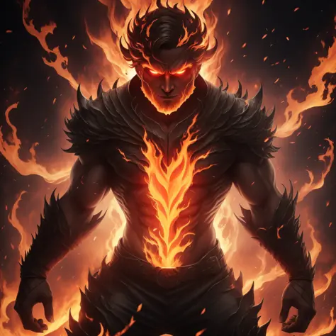 imagine a human-looking character reminiscent of a Burning Hell his skin glowing like lava, eyes coming out of fire with an intense glow, he is inside vuntion on fire, his body is all taken by fire, he has the appearance of an evil person, who likes nothin...