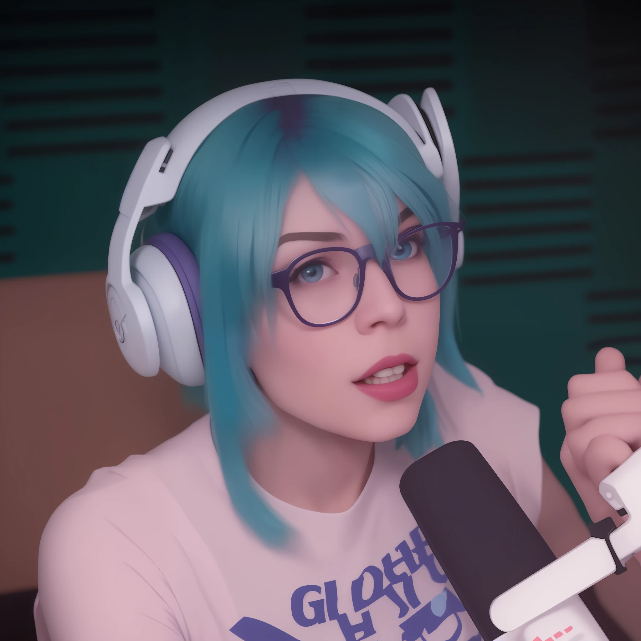 Arafed girl with blue hair and headphones on in a recording studio - SeaArt  AI