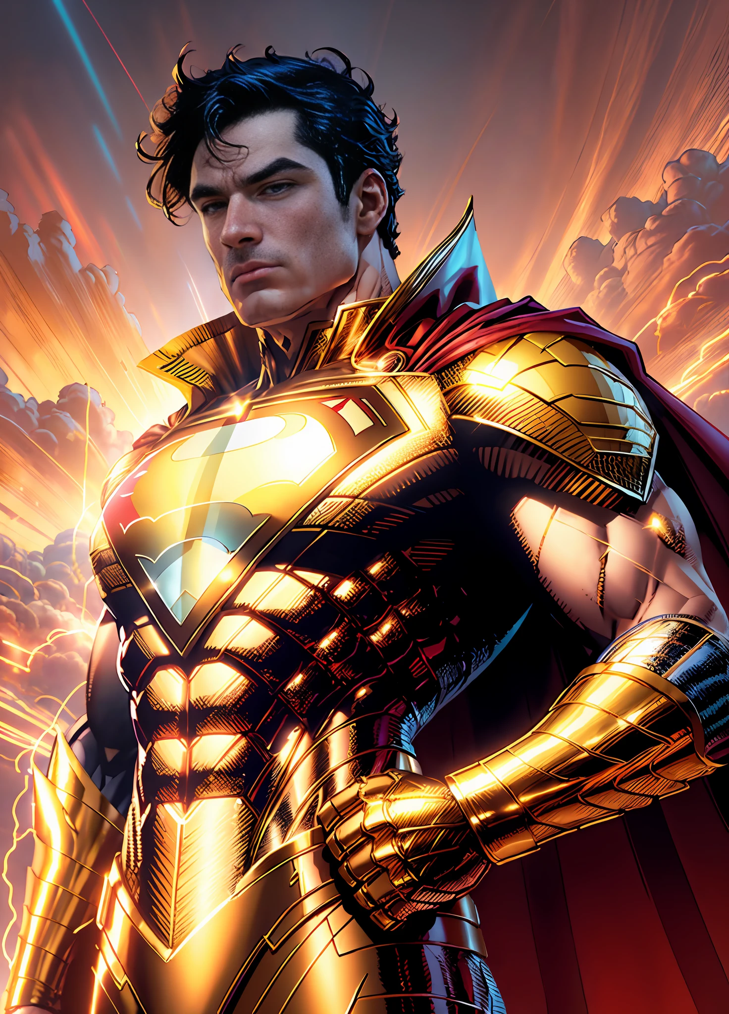 Golden Superman, shimmering golden costume, perfect hands with four fingers and a thumb, (extremely detailed CG unit 8k wallpaper, Golden uniform, gold Golden Superman costume, masterpiece, best quality, ultra-detailed), (best lighting, best shadow, extremely delicate and beautiful), floating, [(((1man)))), (Superman: 1.3), muscles, bright blue lines, detailed costume, heroic pose):0.8], [(celestial landscape,  night, bright neon lights:1.2, blue energy effects, volumetric light):0.5]