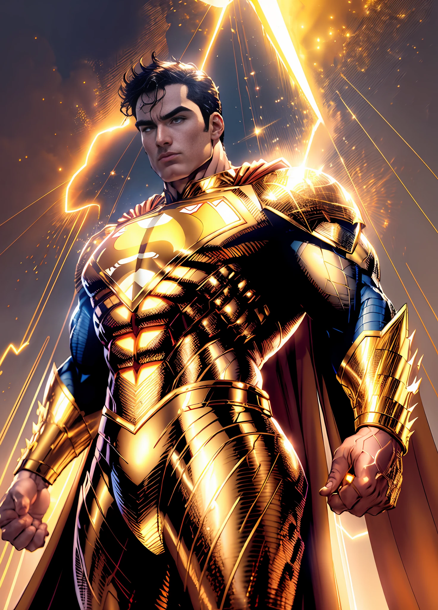 Golden Супермен, мерцающий золотой костюм, идеальные руки с четырьмя пальцами и большим пальцем, (8k обои с чрезвычайно детализированной компьютерной графикой, Золотая униформа, gold Golden Супермен costume, шедевр, Лучшее качество, ультрадетализированный), мускулистый, божественная поза, (лучшее освещение, лучшая тень, очень нежный и красивый), Плавающий, [(((1 человек))), (Супермен: 1.3), Мышцы, яркие синие линии, детальный костюм, героическая поза):0.8],  [(небесный пейзаж, ночь, яркие неоновые огни:1.2, Эффекты синей энергии, объемный свет):0.5]