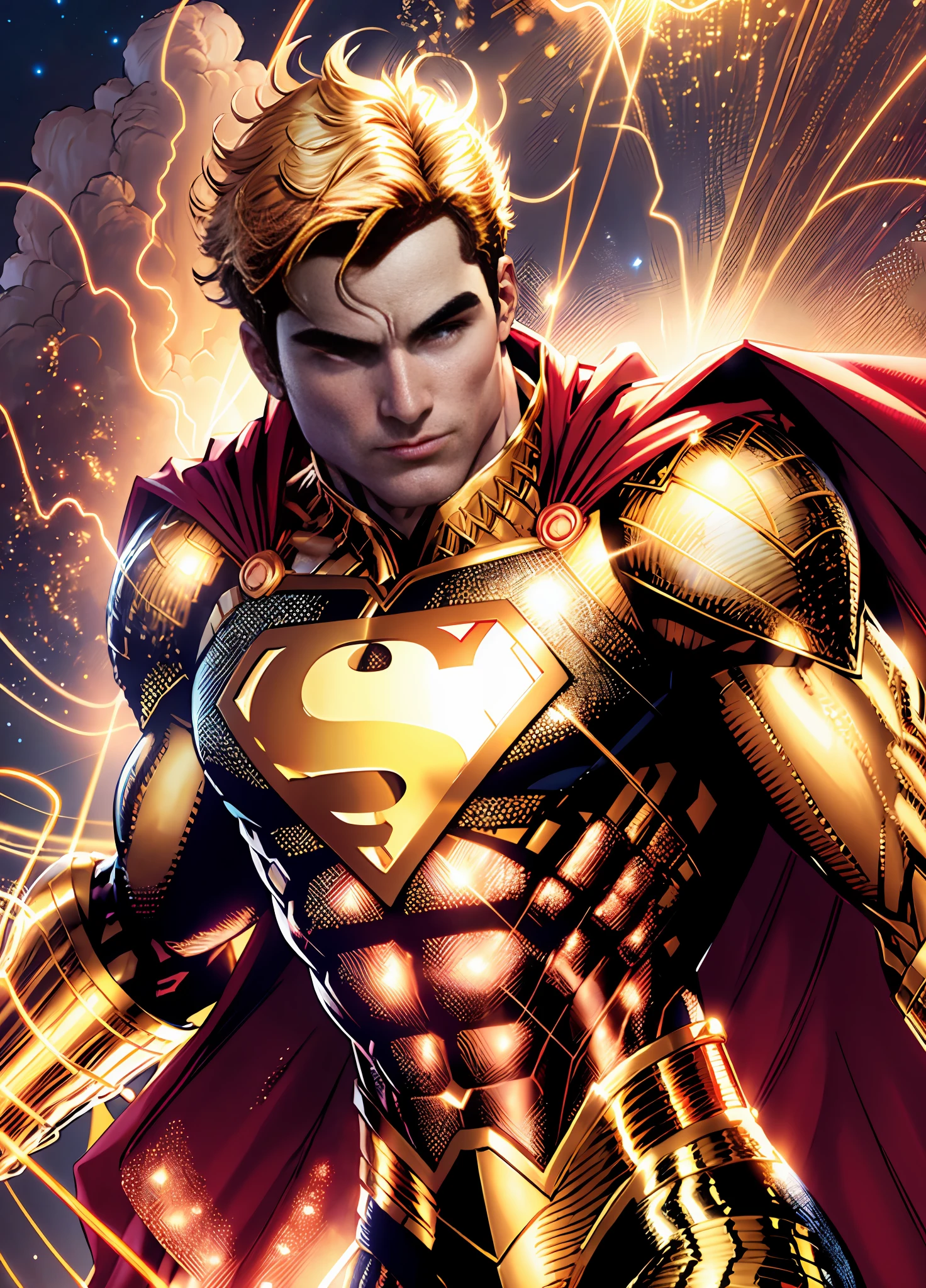 Golden Superman, shimmering golden costume, perfect hands with four fingers and a thumb, (8k wallpaper of extremely detailed CG unit, Golden uniform, gold Golden Superman costume, masterpiece, best quality, ultra-detailed), muscular, divine posture, (better lighting, better shadow, extremely delicate and beautiful), floating, [(((1man))), (Superman: 1.3), muscles, bright blue lines, detailed costume, heroic pose):0.8],  [(celestial landscape, night, bright neon lights:1.2, blue energy effects, volumetric light):0.5]