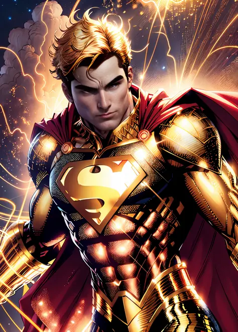 Golden Superman, shimmering golden costume, perfect hands with four fingers and a thumb, (8k wallpaper of extremely detailed CG ...