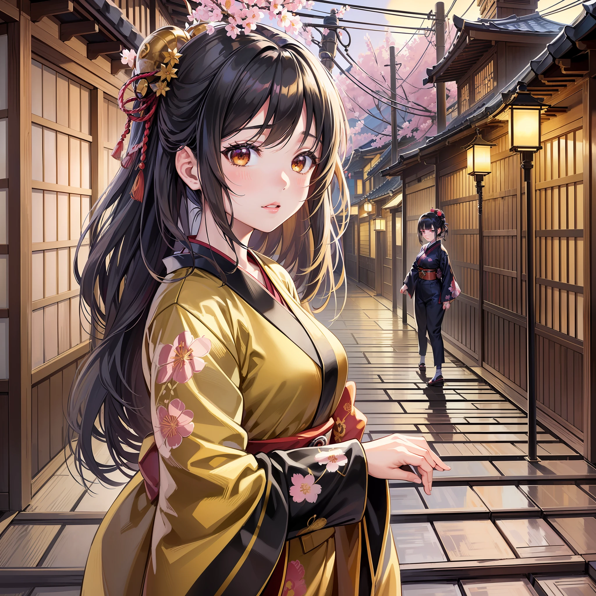 (anime style, realistic drawing, high quality, detailed, masterpiece), young Japanese girl (1girl), (kimono clothes, 1880s century fashion), black hair, (traditional wooden building, Tokyo cityscape), (lanterns, sakura blossom), (dynamic angle, mid-shot), Japanese calligraphy (embedding), (dusk, street light), (warm color palette, golden hour)