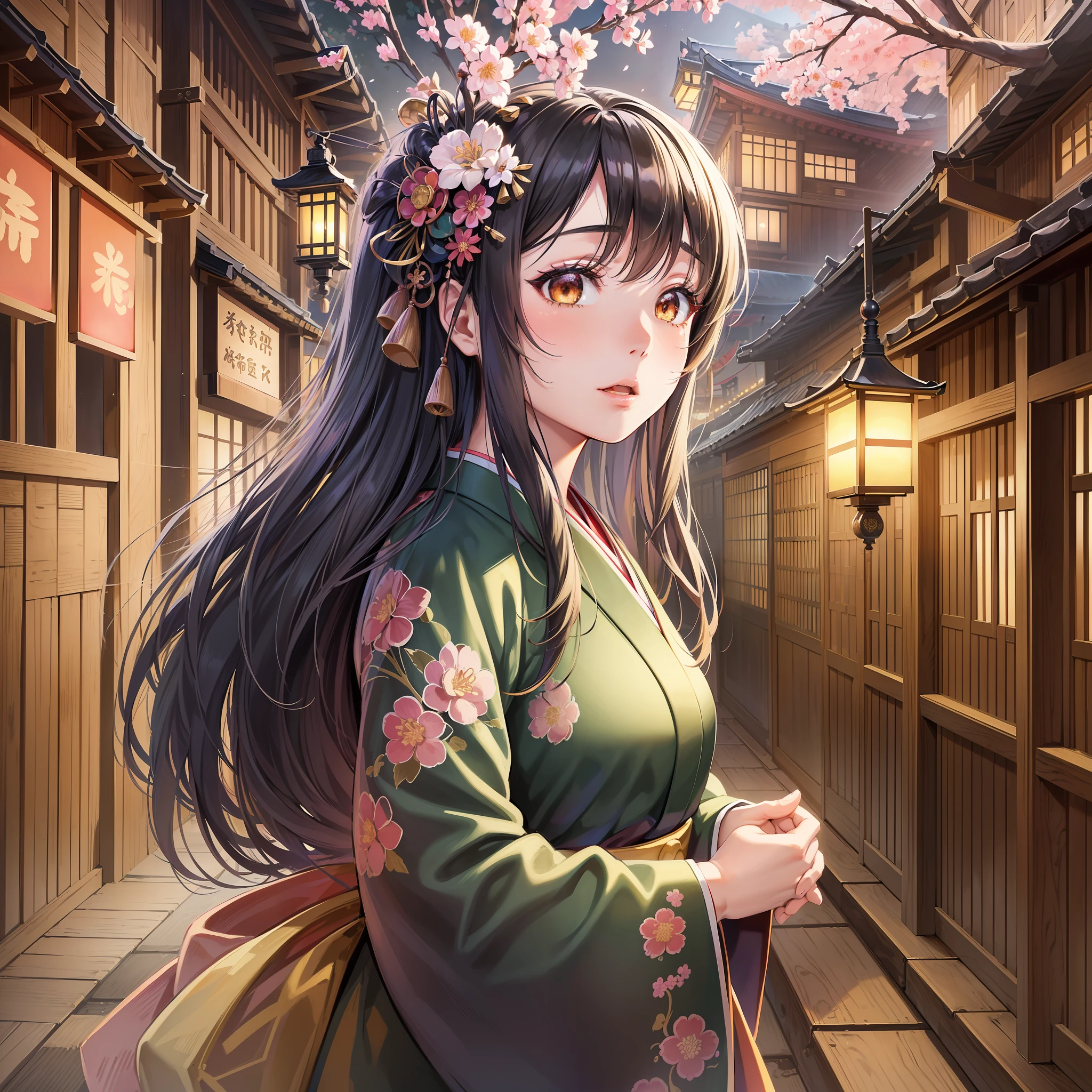 (anime style, realistic drawing, high quality, detailed, masterpiece), young Japanese girl (1girl), (kimono clothes, 1880s century fashion), black hair, (traditional wooden building, Tokyo cityscape), (lanterns, sakura blossom), (dynamic angle, mid-shot), Japanese calligraphy (embedding), (dusk, street light), (warm color palette, golden hour)