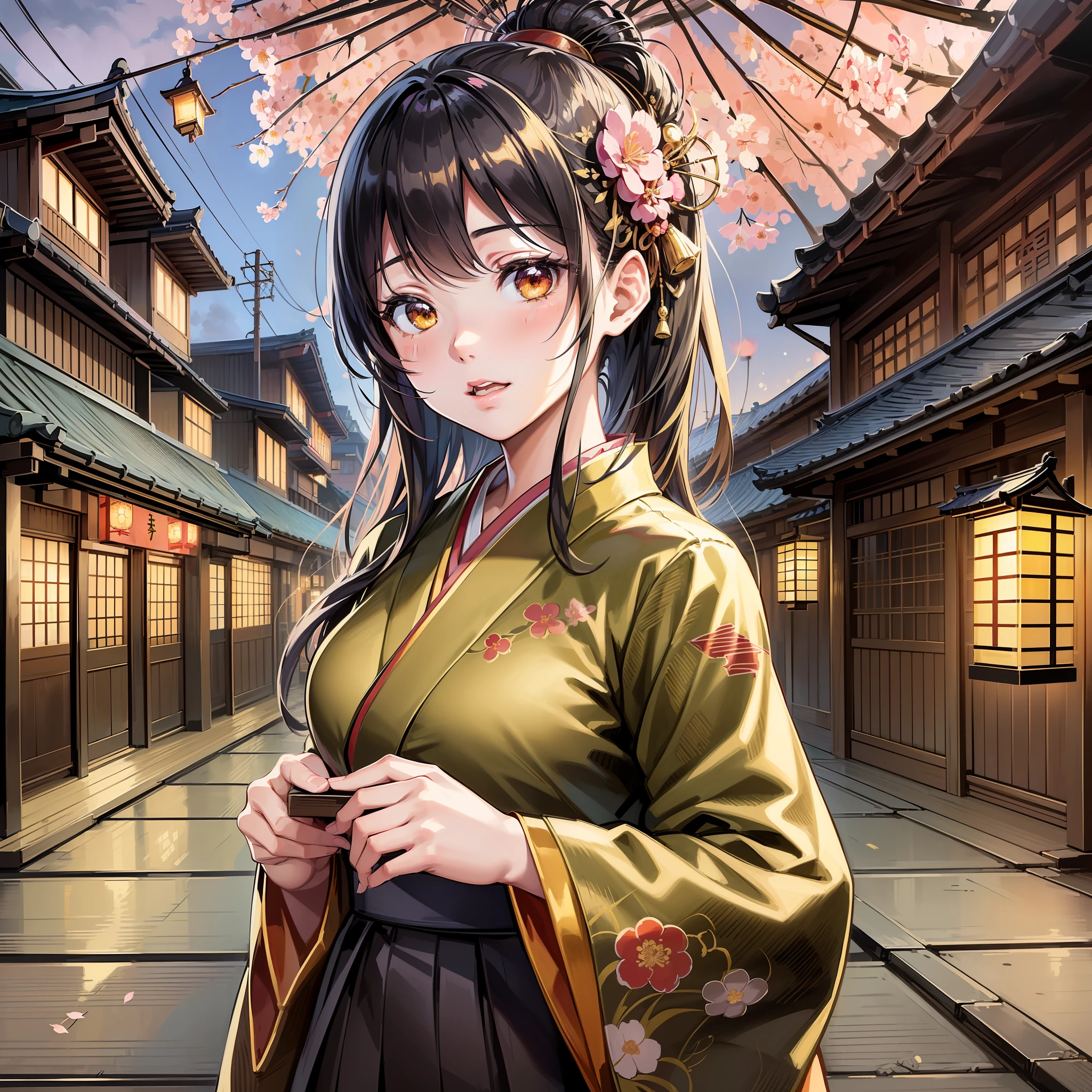 (anime style, realistic drawing, high quality, detailed, masterpiece), young Japanese girl (1girl), (kimono clothes, 1880s century fashion), black hair, (traditional wooden building, Tokyo cityscape), (lanterns, sakura blossom), (dynamic angle, mid-shot), Japanese calligraphy (embedding), (dusk, street light), (warm color palette, golden hour)