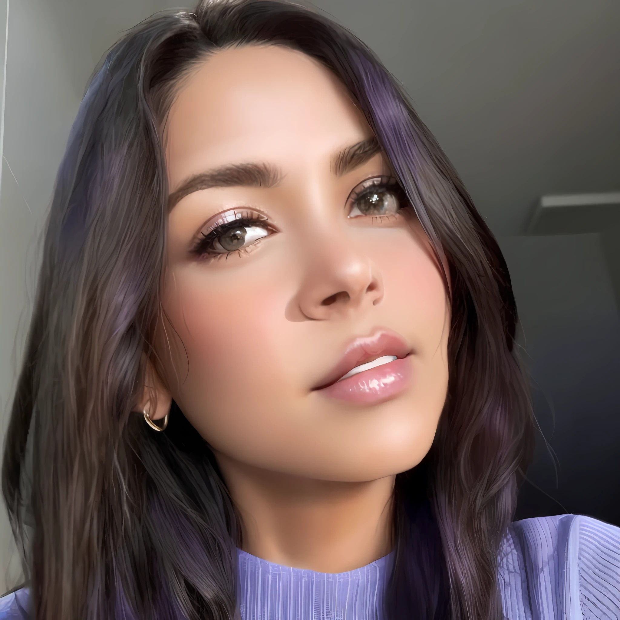 A close up of a woman with long hair wearing a purple sweater - SeaArt AI