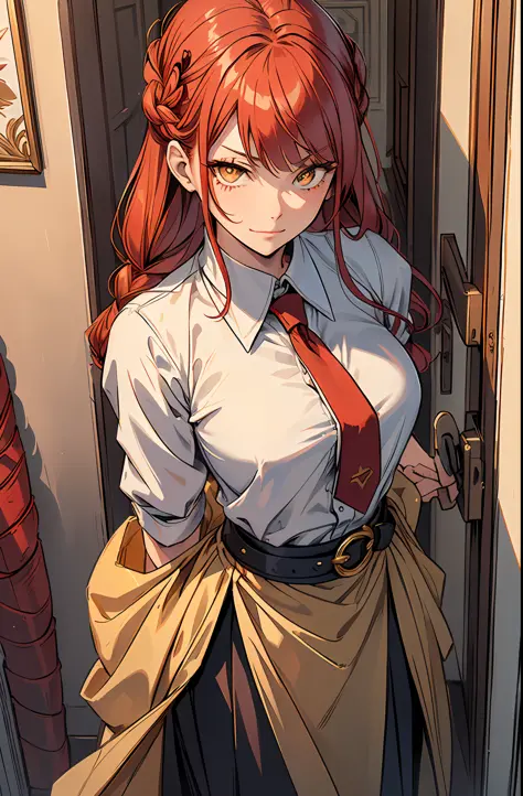 (((masterpiece))),(best quality), 1girl,solo, extremely detailed, detailed face,detailed eyes,illustration,2k,(full body:1.2),
makima \(chainsaw man\),standing, red hair, long braided hair, golden eyes, bangs, white shirt, necktie,(sinister smirk),
((In th...