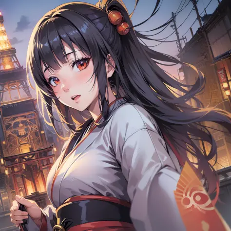 "(((((anime style)))),best quality,ultra-detailed,extremely detailed,Japanese woman,city of Tokyo,(traditional Japanese clothes),(dynamic pose),(twilight),(dynamic angle),(wide shot),(beautiful face),(black hair),((Tokyo tower in the background)):0.7"