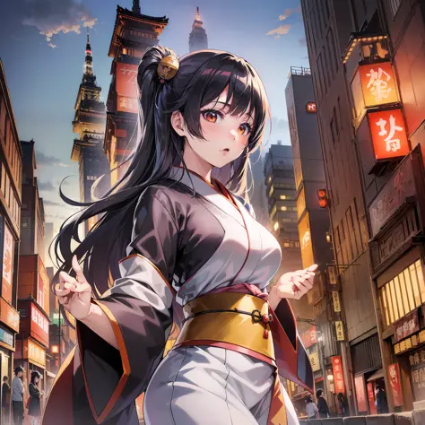 "(((((anime style)))),best quality,ultra-detailed,extremely detailed,Japanese woman,city of Tokyo,(traditional Japanese clothes),(dynamic pose),(twilight),(dynamic angle),(wide shot),(beautiful face),(black hair),((Tokyo tower in the background)):0.7"