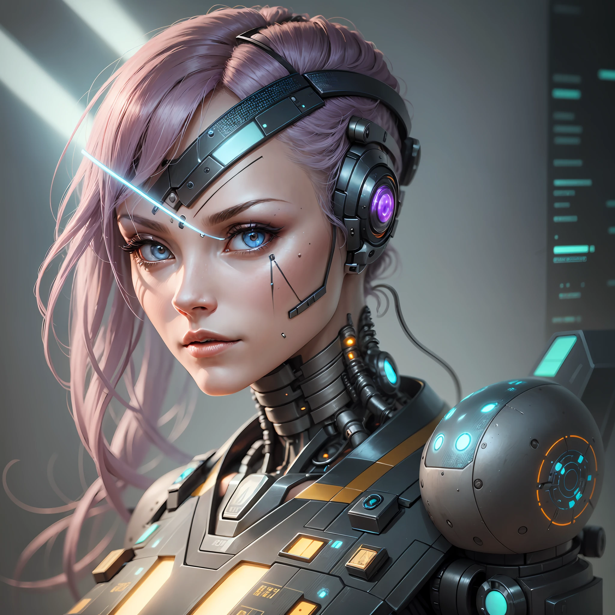 A close-up of a 40-year-old cyborg woman with a cybernetic head, with her synetic skin seamlessly integrated with mechanical components. It is connected to a computer via an electronic interface, with a focused gaze on its screen. --auto --s2