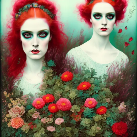 portrait of victorian 80s punk woman with red hair, splash of pastel colors, plants and flowers,tom bagshaw