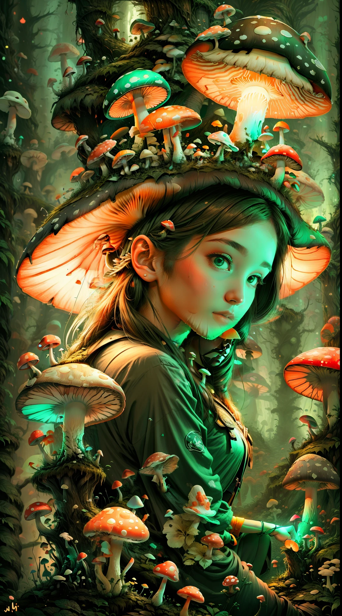 1girl and many neon mushrooms,shroom