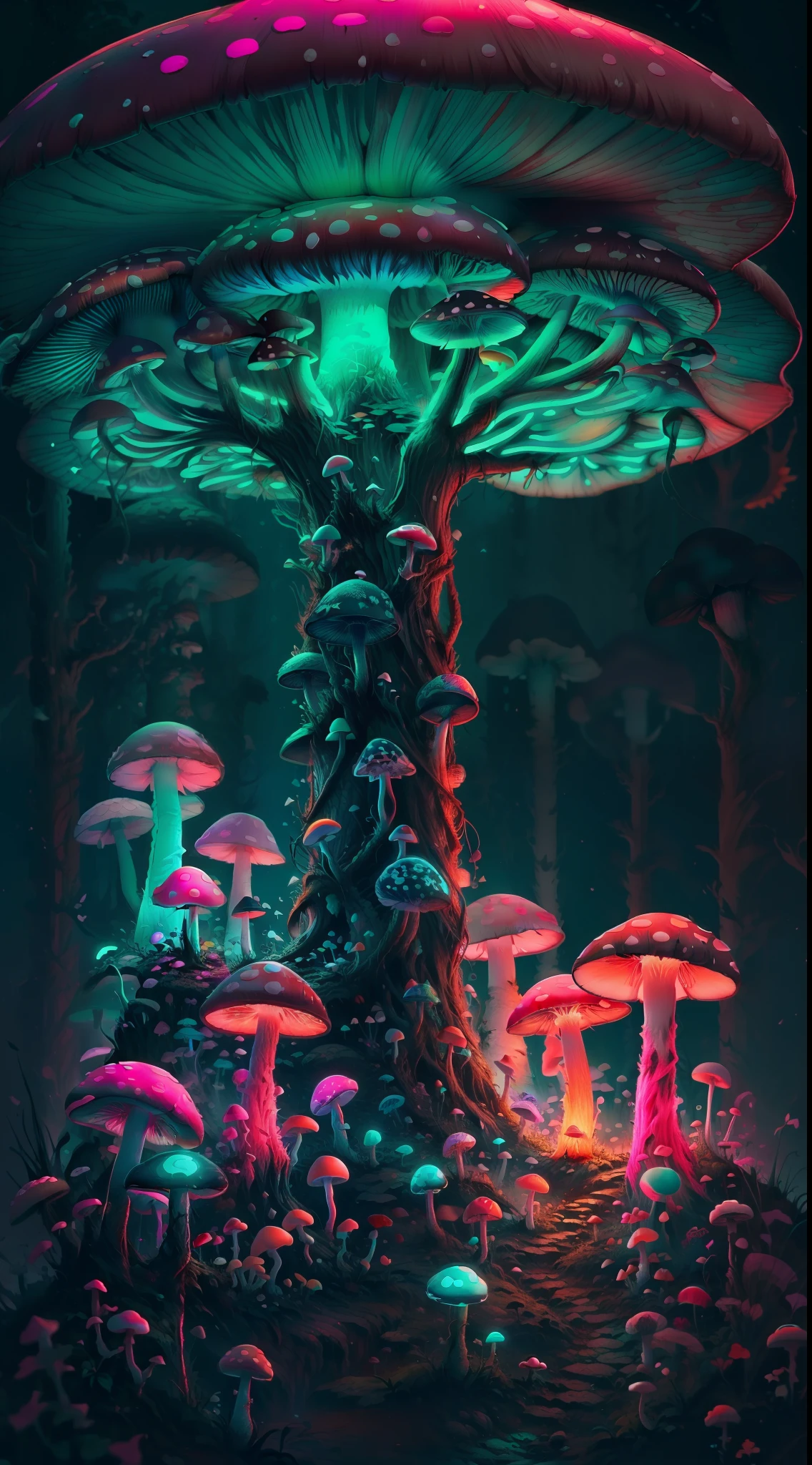 1girl and many neon mu버섯s,버섯