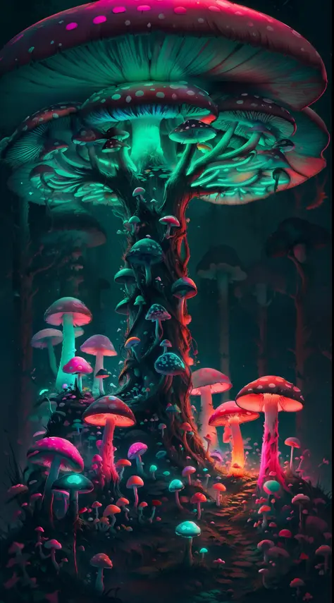 1girl and many neon mushrooms,shroom