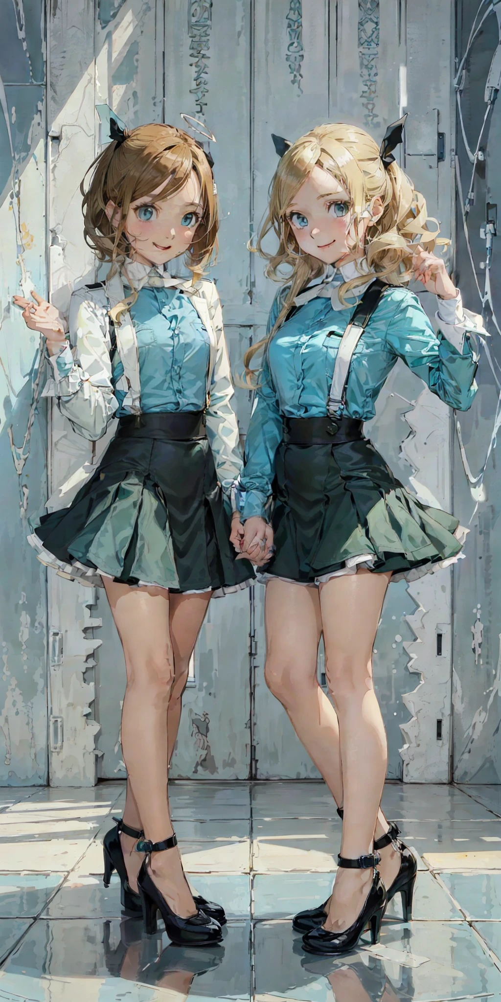 perfect anime illustration, 2girls, twin sisters, identical sisters, brown hair, blonde hair, (1 blonde girl, 1 brown haired girl, different hair colors), curly hair, matching hairstyle, hazel eyes, smiling, ((matching outfits, blue uniforms, black high heels)), matching hairstyles, white background, highres, full body, pose