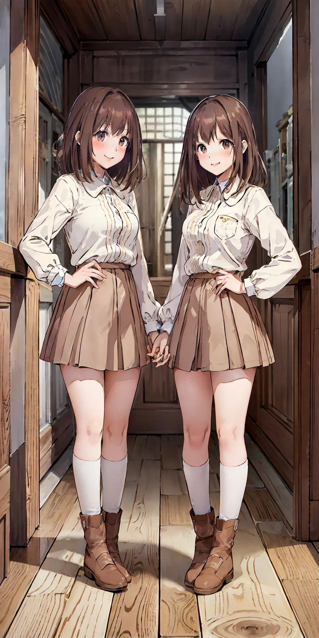 perfect anime illustration, 2girls, twin sisters, identical sisters, brown hair, blonde hair, (1 blonde girl, 1 brown haired girl, different hair colors), curly hair, matching hairstyle, hazel eyes, smiling, ((matching outfits)), matching hairstyles, white background, highres, full body, pose