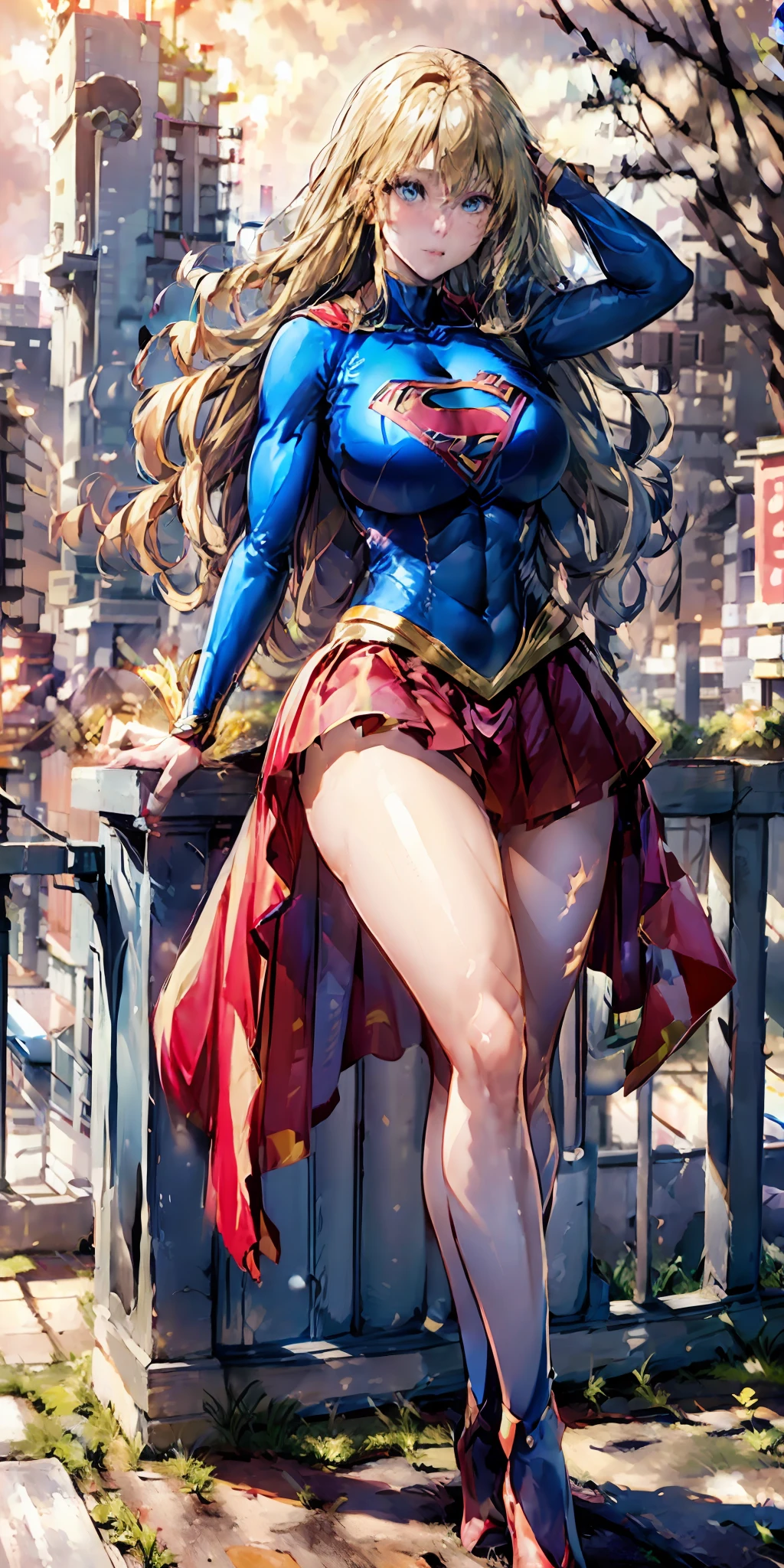 ((best quality, masterpiece, nonsense)),1girl:1.9, sexy, attractive Japanese woman, ( 18 years old, expressive blue eyes, shoulder-length blonde hair, long hair,loose and voluminous hair, huge bust proportional to body) wearing supergirl cosplay (supergirl suite custom cosplay), red pleated skirt,ecchi, terrace of 1 building