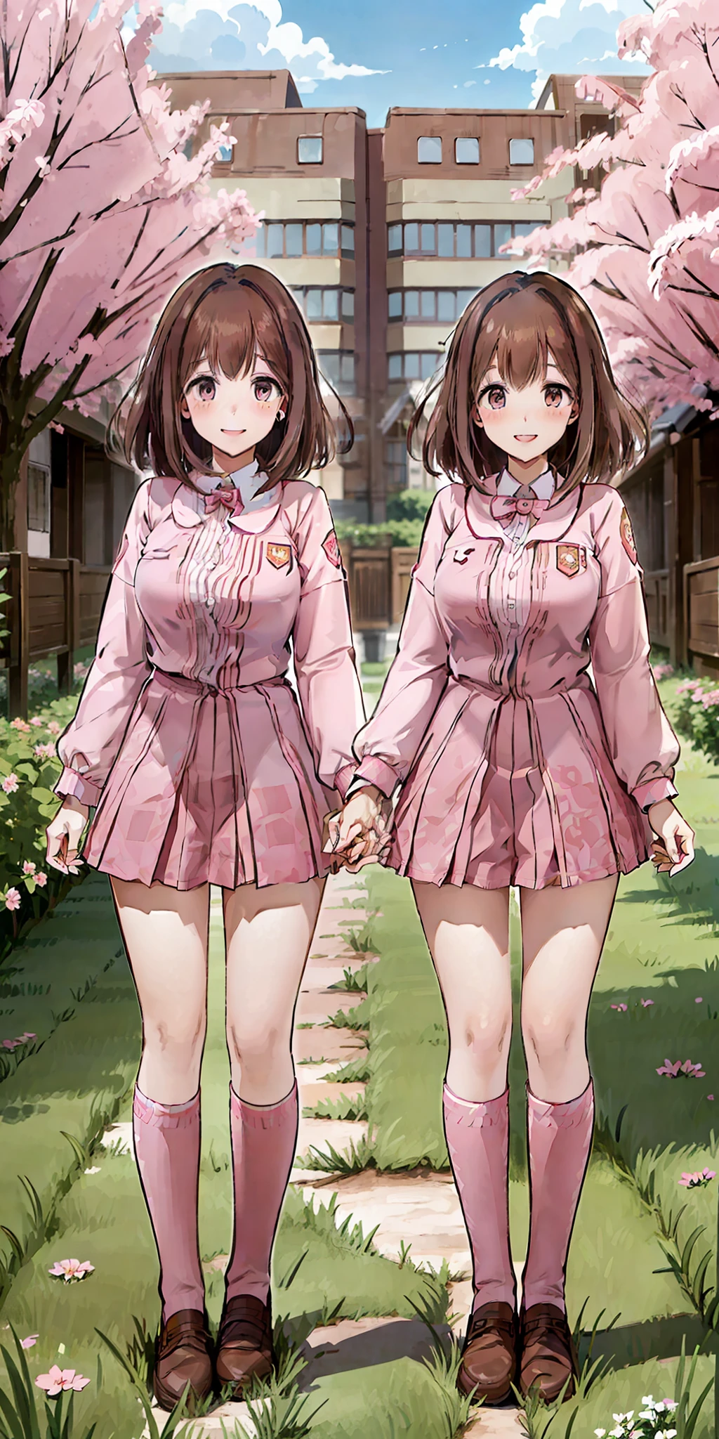 perfect anime illustration, 2girls, twin sisters, identical sisters, brown hair, blonde hair, (1 blonde girl, 1 brown haired girl, different hair colors), curly hair, matching hairstyle, hazel eyes, smiling, ((matching outfits, pink uniform)), matching hairstyles, white background, highres, full body, pose