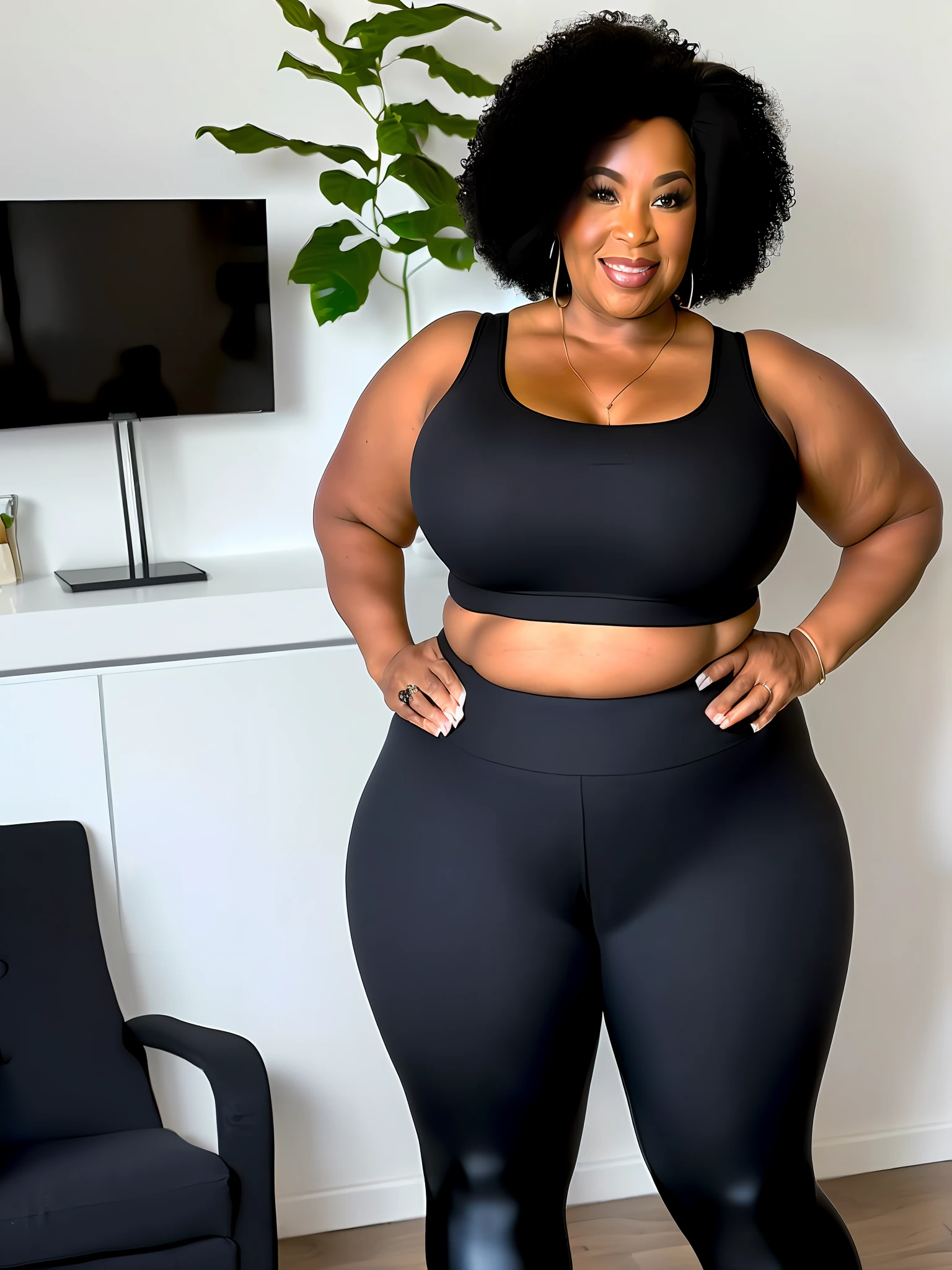 A woman in black leggings and a black bra top - SeaArt AI