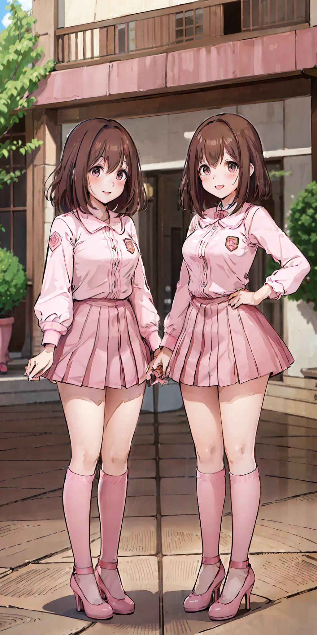 perfect anime illustration, 2girls, twin sisters, identical sisters, brown hair, blonde hair, (1 blonde girl, 1 brown haired girl, different hair colors), curly hair, matching hairstyle, hazel eyes, smiling, ((matching outfits, pink uniform, high heels)), matching hairstyles, white background, highres, full body, pose