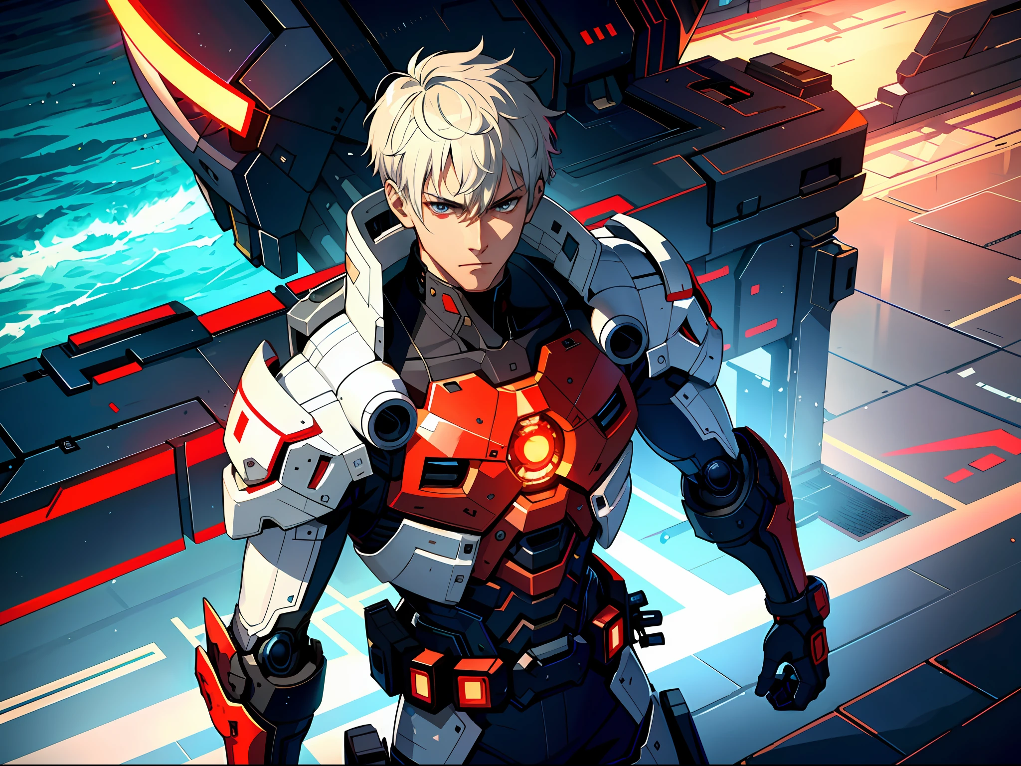 HD clear, best images, illustrations, super detailed, a young man wearing a cyberpunk style (white combat uniform), detailed face, and facial features, standing on the seaside pier with a thoughtful expression on his face, behind him is a huge red mech