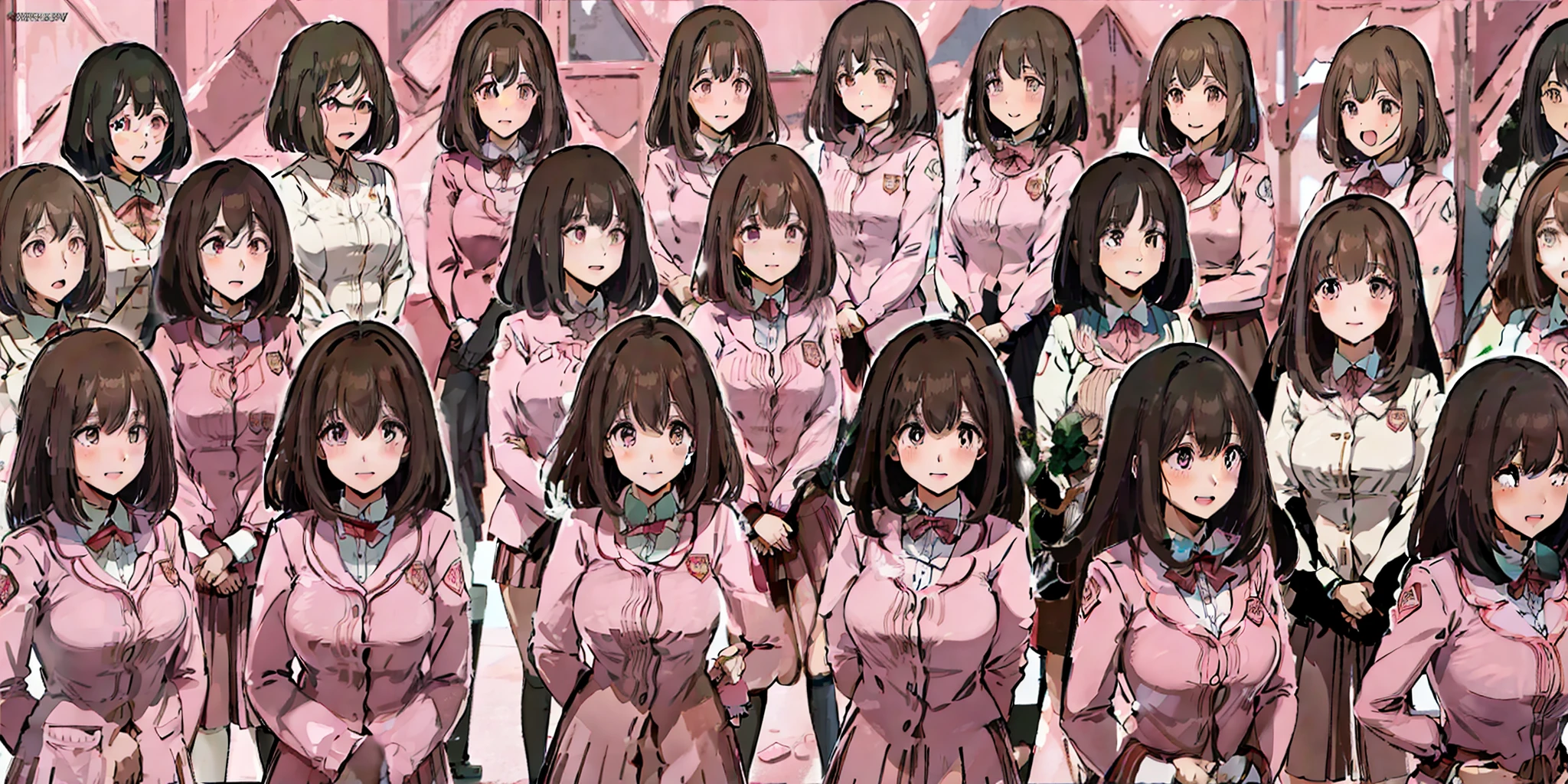 perfect anime illustration, multiple girls, thousands of girls, millions of girls, clones, identical sisters, neat rows of sisters, neat columns of sisters, sisters standing in formation, sisters in background, brown hair, curly hair, matching hairstyle, hazel eyes, smiling, ((matching outfits, pink uniform)), matching hairstyles, white background, highres, full body, pose