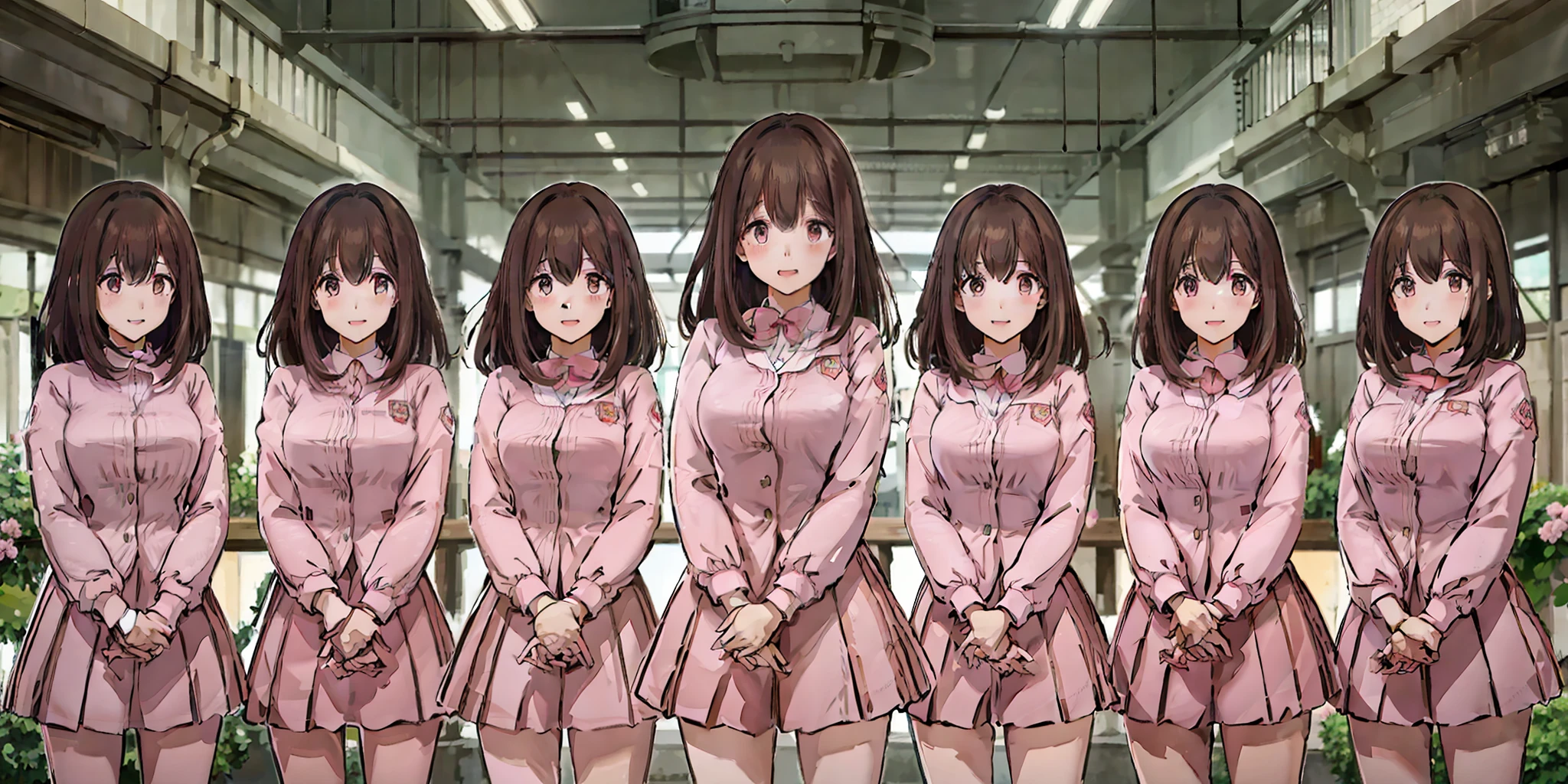 perfect anime illustration, multiple girls, thousands of girls, millions of girls, clones, identical sisters, neat rows of sisters, neat columns of sisters, sisters standing in formation, sisters in background, brown hair, curly hair, matching hairstyle, hazel eyes, smiling, ((matching outfits, pink uniform)), matching hairstyles, white background, highres, full body, pose