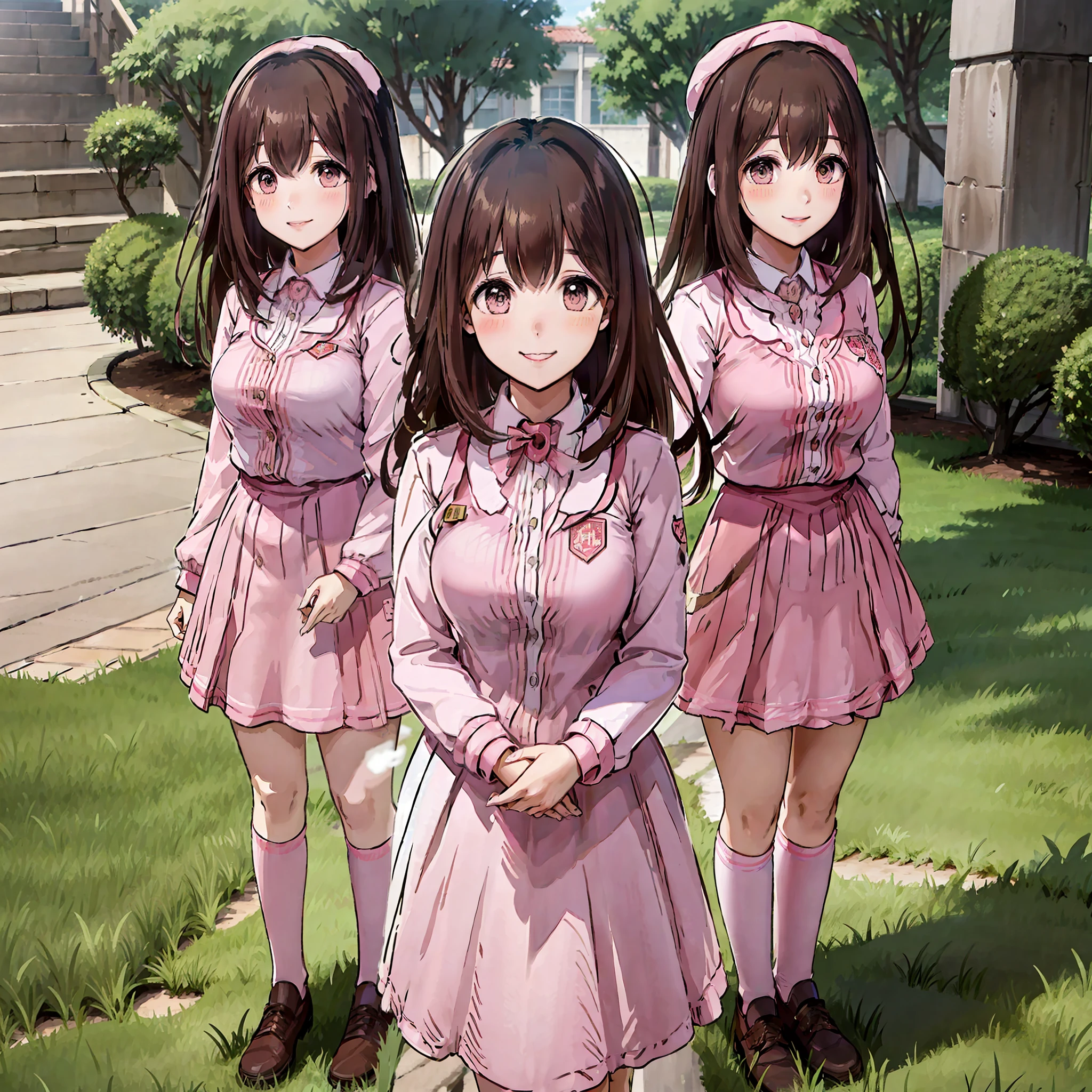 perfect anime illustration, multiple girls, thousands of girls, millions of girls, clones, identical sisters, neat rows of sisters, neat columns of sisters, sisters standing in formation, sisters in background, brown hair, curly hair, matching hairstyle, hazel eyes, smiling, ((matching outfits, pink uniform)), matching hairstyles, white background, highres, full body, pose