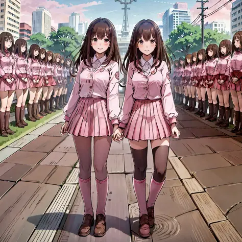 perfect anime illustration, multiple girls, thousands of girls, millions of girls, clones, identical sisters, neat rows of siste...