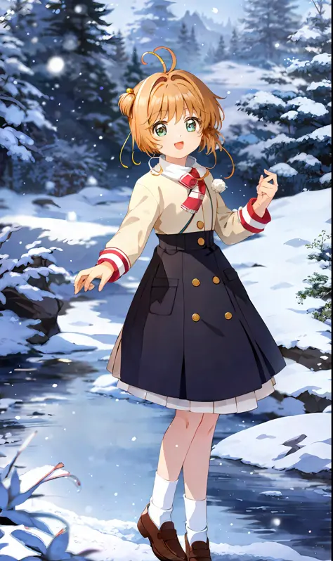 masterpiece, best quality, 1girl, solo, sakura, dressed in winter clothes, socks, two sides up, snowing a lot