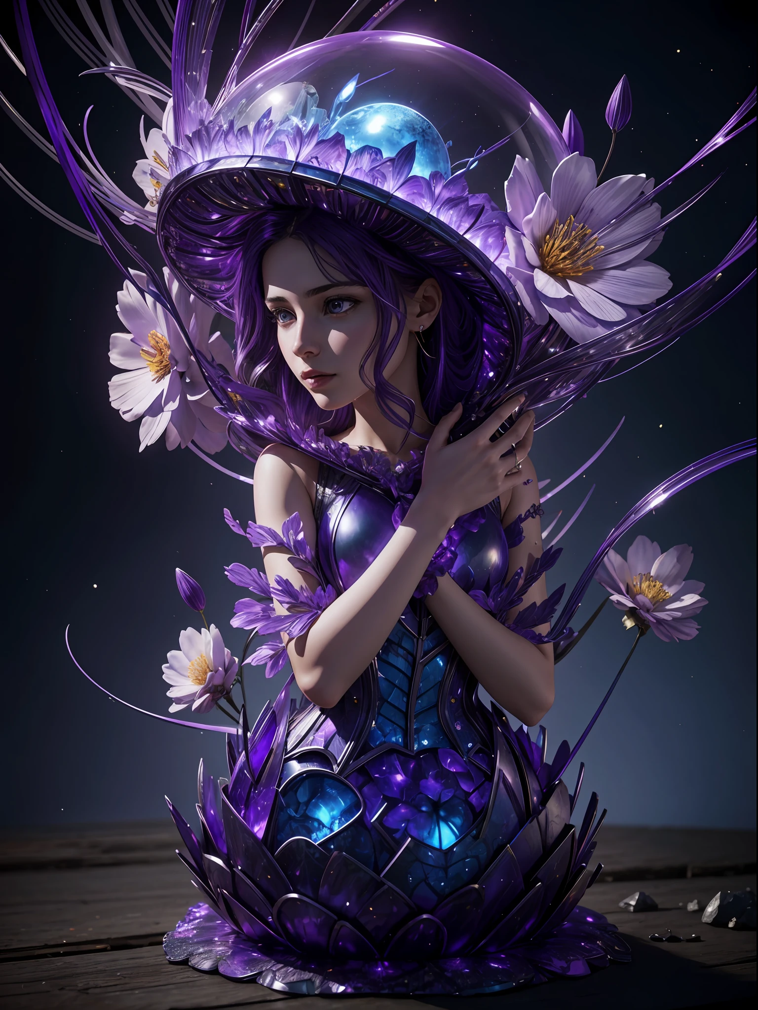 Incredible and spectacular scenes, ((high quality)), ((detailed)), ((fantasy)), "purple plasma brain, purple plasma body, realistic, best quality, 4K, flowers trapped in blisters at the top realistic, (handsome teenager and beautiful girl hugging), full body portrait", image quality (3D rendering effect) , exquisite details,