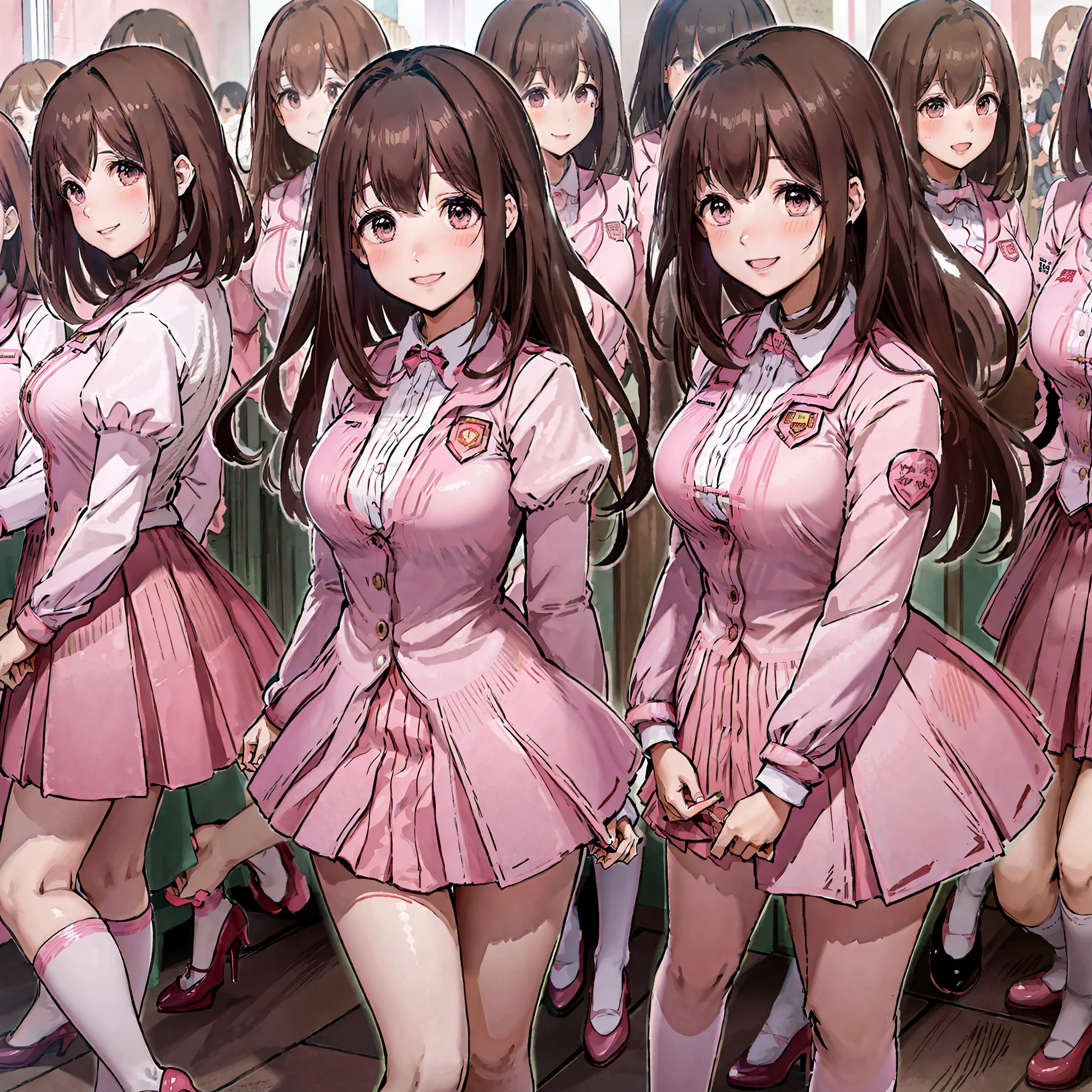 perfect anime illustration, multiple girls, thousands of girls, millions of girls, clones, identical sisters, neat rows of sisters, neat columns of sisters, sisters standing in formation, sisters in background, brown hair, curly hair, matching hairstyle, hazel eyes, smiling, ((matching outfits, pink uniform, high heels)), matching hairstyles, white background, highres, full body, pose