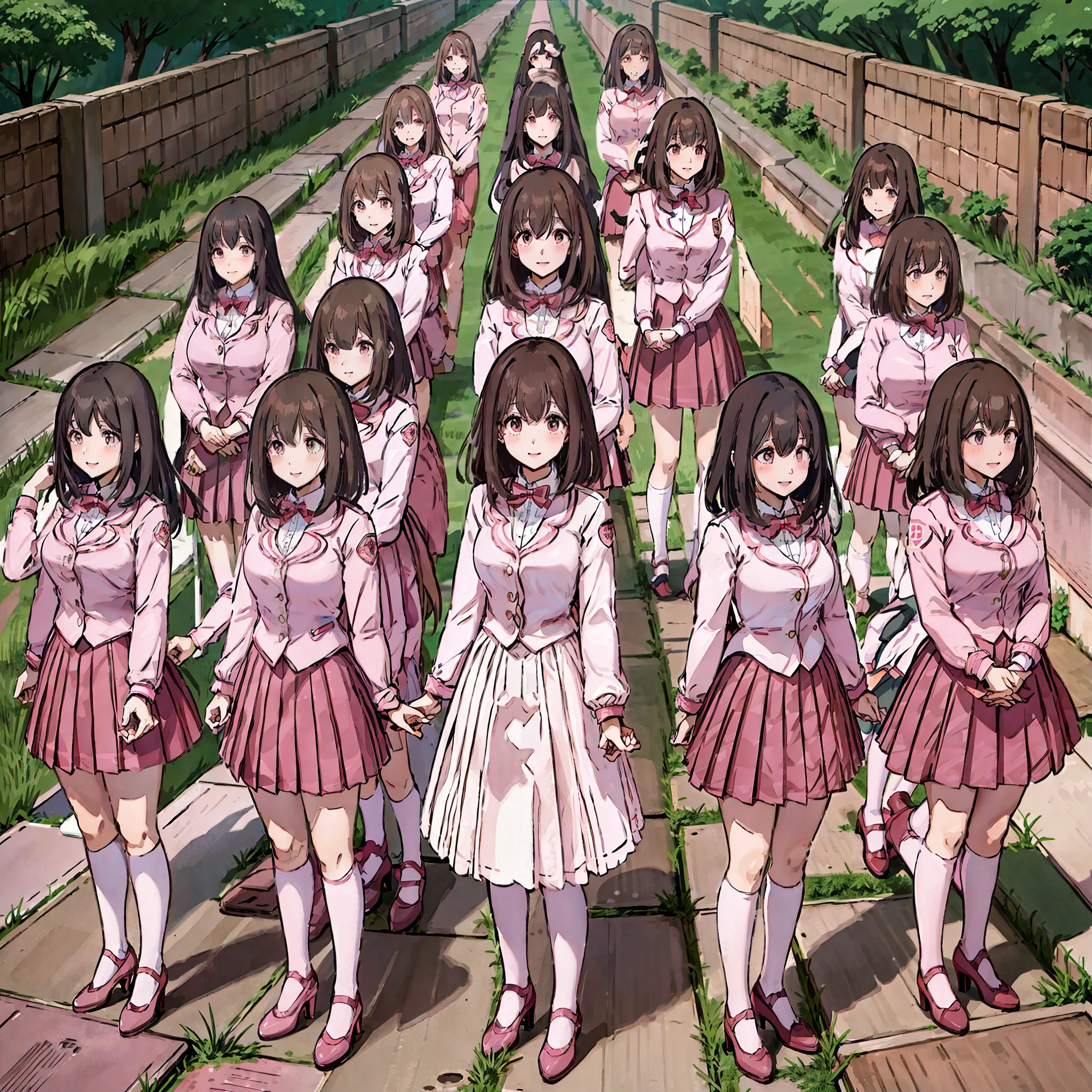 perfect anime illustration, multiple girls, thousands of girls, millions of girls, clones, identical sisters, neat rows of sisters, neat columns of sisters, sisters standing in formation, sisters in background, brown hair, curly hair, matching hairstyle, hazel eyes, smiling, ((matching outfits, pink uniform, high heels)), matching hairstyles, white background, highres, full body, pose