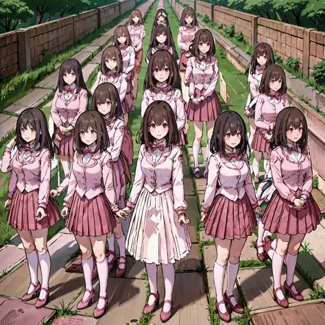 perfect anime illustration, multiple girls, thousands of girls, millions of girls, clones, identical sisters, neat rows of siste...