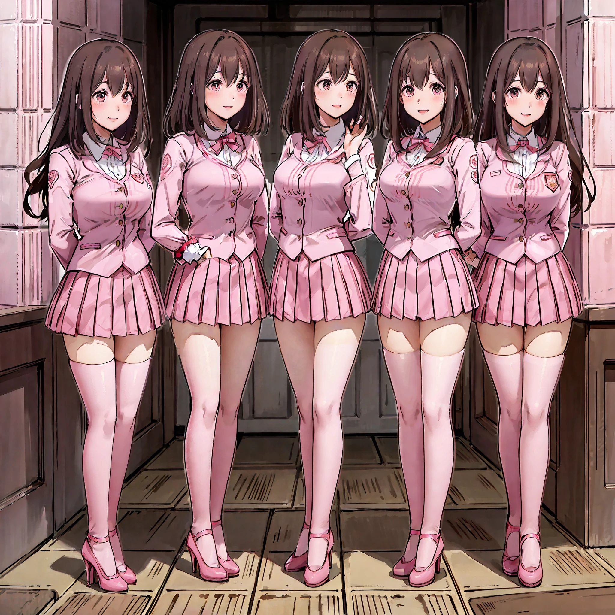 perfect anime illustration, multiple girls, thousands of girls, millions of girls, clones, identical sisters, neat rows of sisters, neat columns of sisters, sisters standing in formation, sisters in background, brown hair, curly hair, matching hairstyle, hazel eyes, smiling, ((matching outfits, pink uniform, high heels)), matching hairstyles, white background, highres, full body, pose