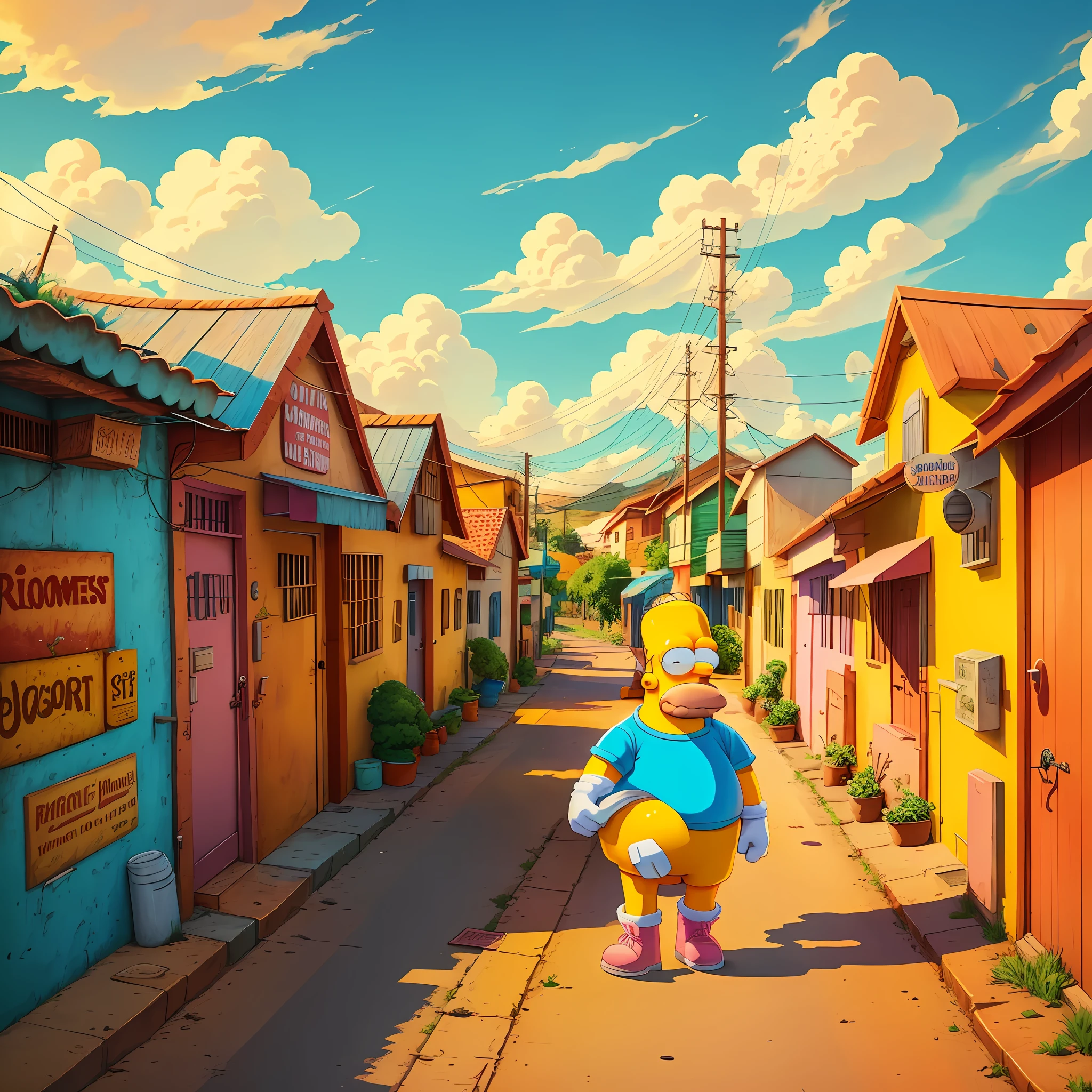 Simpsons street scene with a person walking down a street - SeaArt AI