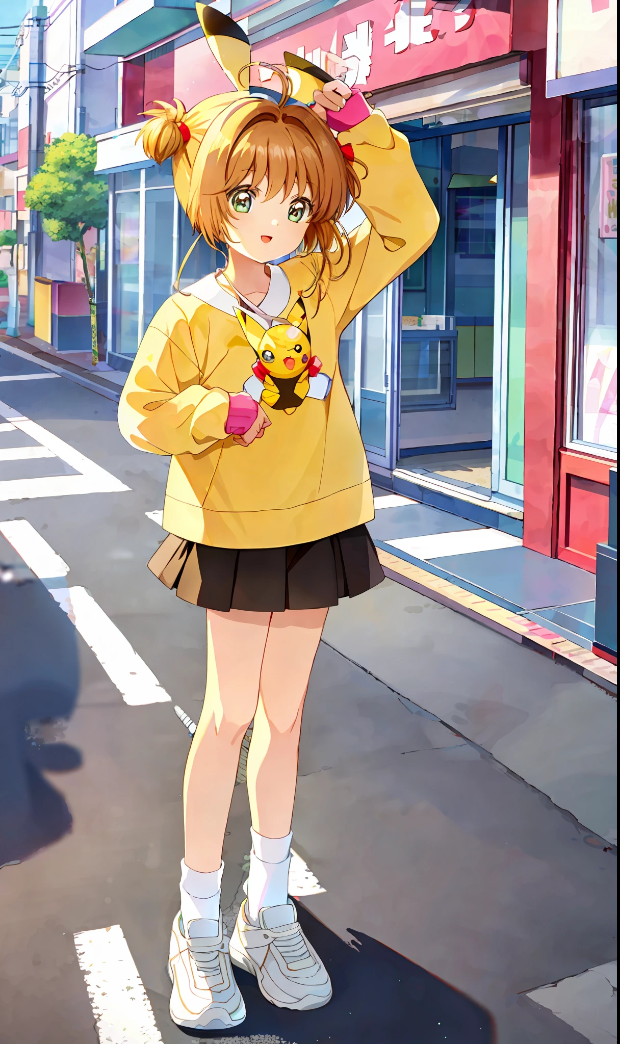 Obra maestra, mejor calidad, 1 chica, solo, sakura, Vestido con el traje de Pikachu, medias, dos lados hacia arriba, in Akihabara in Japan