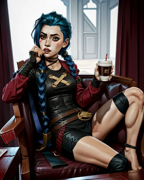 ((J1NxL0L)), 1girl, sitting, face full of blood, holding coffee cup, arcane style,