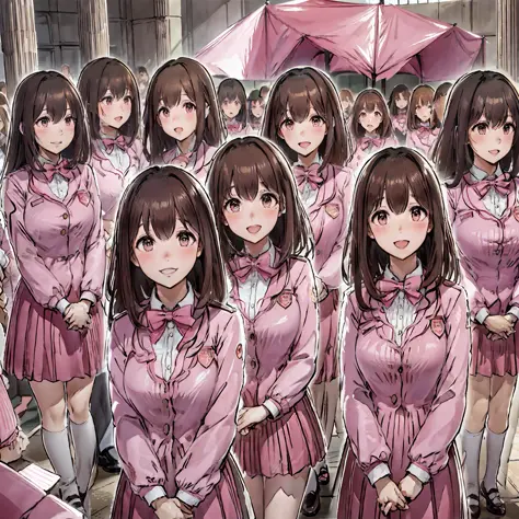 perfect anime illustration, multiple girls, thousands of girls, millions of girls, clones, identical sisters, neat rows of siste...