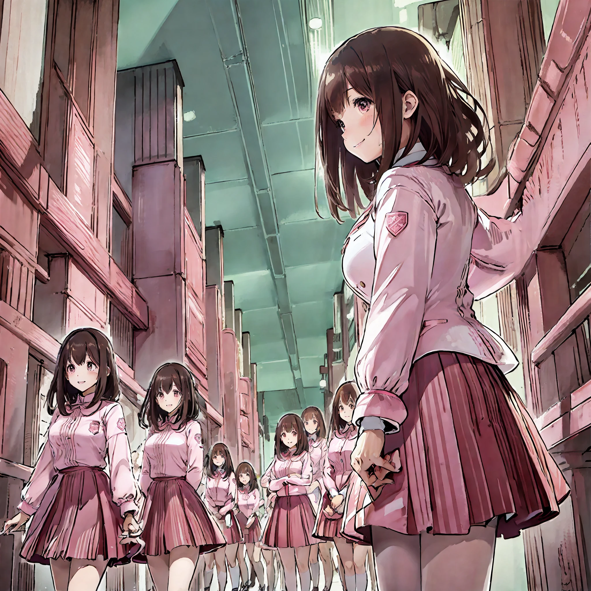 perfect anime illustration, multiple girls, thousands of girls, millions of girls, clones, identical sisters, neat rows of sisters, neat columns of sisters, sisters standing in formation, sisters in background, brown hair, curly hair, matching hairstyle, hazel eyes, smiling, ((matching outfits, pink uniform, high heels)), matching hairstyles, white background, highres, full body, sisters marching