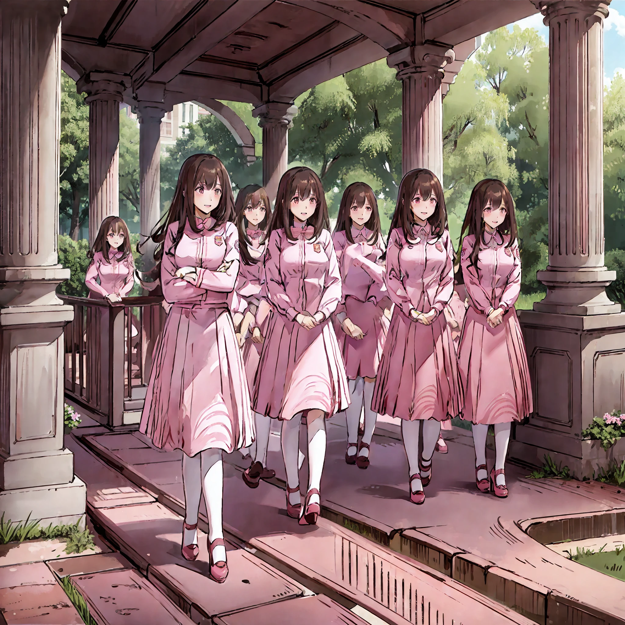 perfect anime illustration, multiple girls, thousands of girls, millions of girls, clones, identical sisters, neat rows of sisters, neat columns of sisters, sisters standing in formation, sisters in background, brown hair, curly hair, matching hairstyle, hazel eyes, smiling, ((matching outfits, pink uniform, high heels)), matching hairstyles, white background, highres, full body, sisters marching