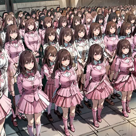 perfect anime illustration, multiple girls, thousands of girls, millions of girls, clones, identical sisters, neat rows of siste...