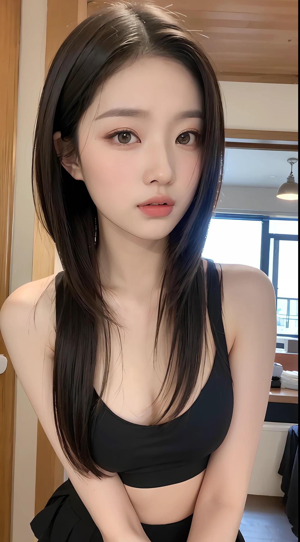 ((Best Quality, 8K, Masterpiece: 1.3)), Sharp: 1.2, Perfect Body Beauty: 1.4, Slim Abs: 1.2, ((Layered Hairstyle, :1.2)), (Good Girl Outfit: 1.1), (Indoor: 1.2), Wet: 1.5, Highly detailed face and skin texture, Detailed eyes, double eyelids, Look up at the lens,