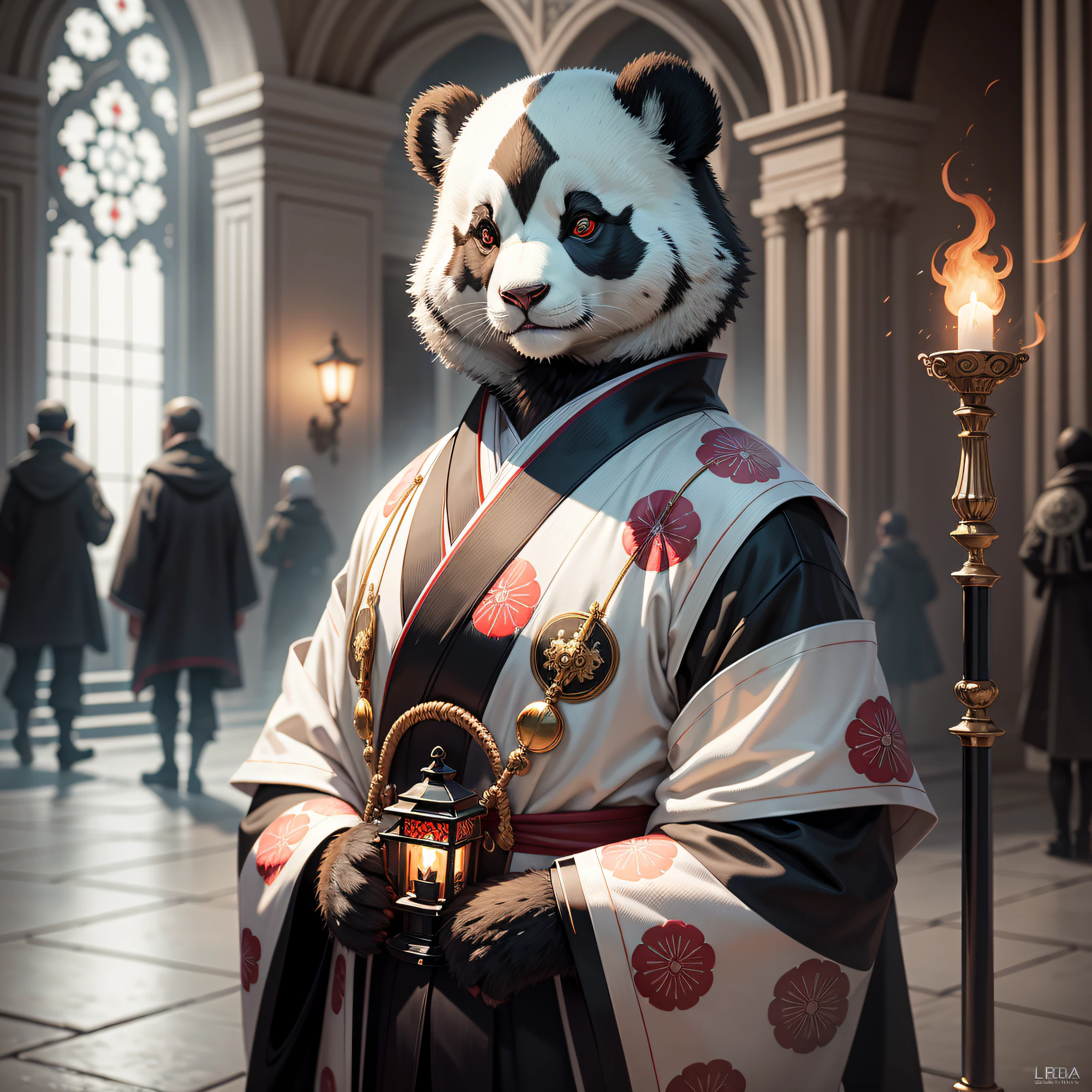 extremely detailed 8k wallpaper), intricate, richly detailed, dramatic, Panda bear with white kimono, ready for combat, Sinister face is drawn with only a pair of red eyes peeking underneath, graphics insanely, light is reflected in the ornaments, bright ashes ooze from the torches in the vaulted passage during the leisurely walk through the gloomy cathedral,  Show the whole person with some distance from the surroundings to get your own license.
