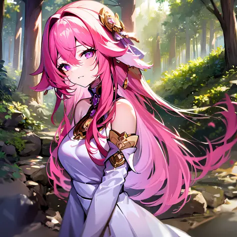 (masterpiece:1.3), (best quality:1.15),1girl, forest, white dress, facing viewer, absurdly long hair, pink hair, purple eyes