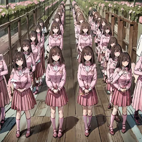 perfect anime illustration, multiple girls, thousands of girls, millions of girls, rich girls, clones, identical sisters, neat r...