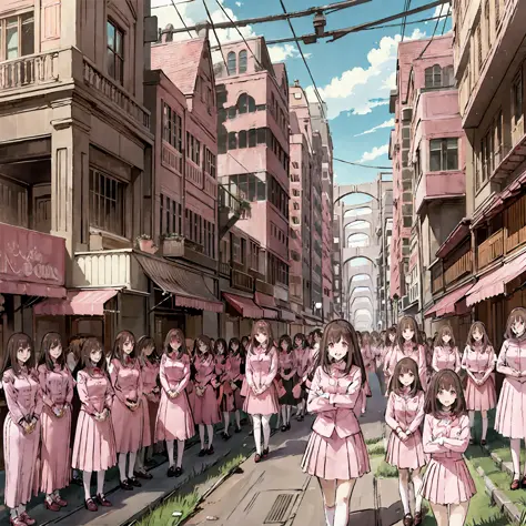 perfect anime illustration, multiple girls, thousands of girls, millions of girls, rich girls, clones, identical sisters, neat r...