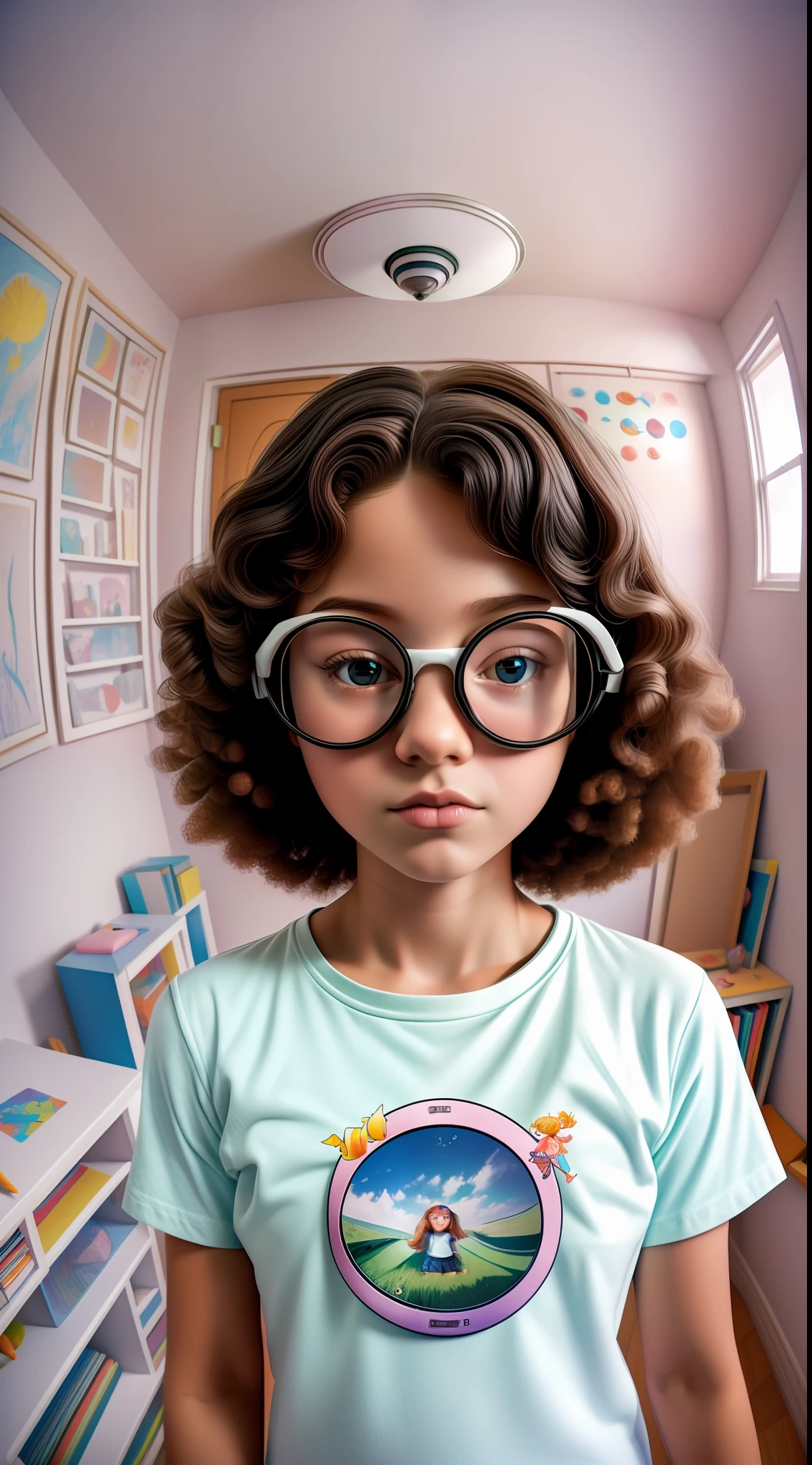 artistic photography (((fisheye))) 35mm,1beautiful nerd girl,white t-shirt with children's drawing,in a nerdy room,minimalist,pastel colors