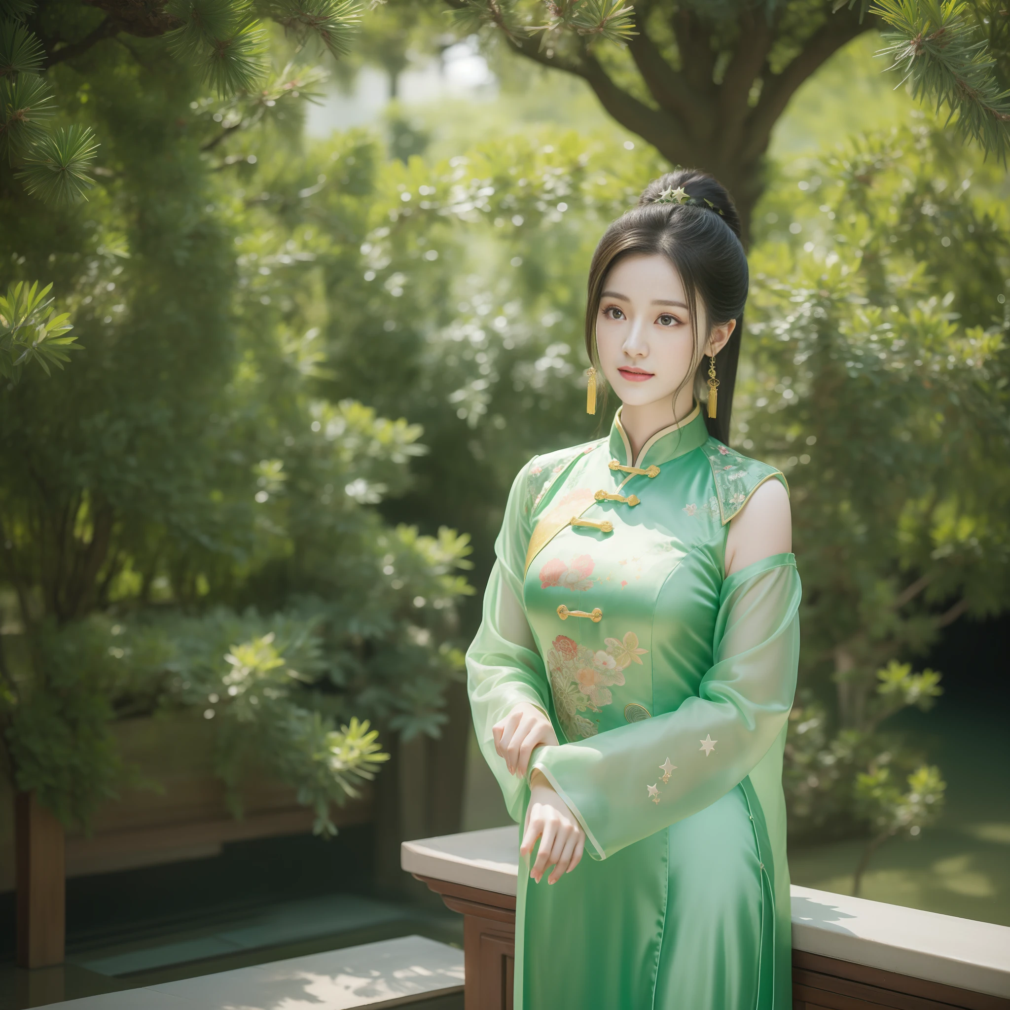 (1 cute Chinese star) realistic photo, shoulder-length hair, light makeup, medium breast size, green antique long dress, clear facial features in Chinese architectural garden, 8K high resolution, clear and realistic details.